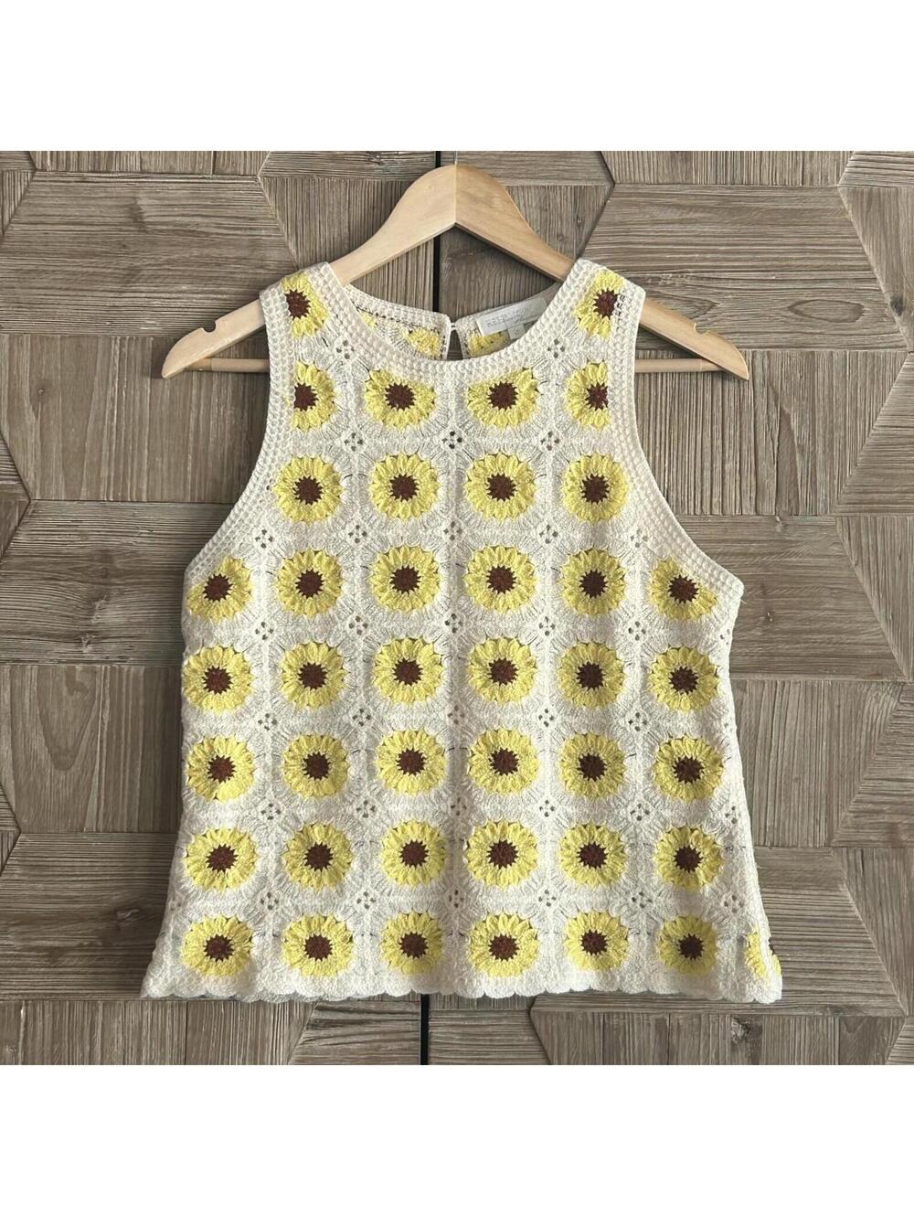Rebellion Sunflower Crochet Knit Tank Top Cream Yellow Floral Size S Boho